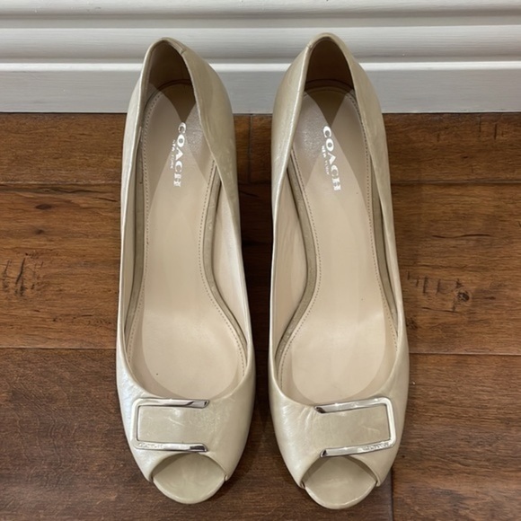 Coach Kellen Taupe Leather Peep Toe Wedge Heels - Picture 2 of 9